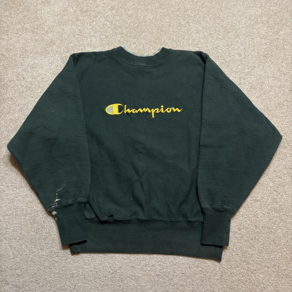 Vtg 90s Champion Reverse Weave Sweatshirt Mens Medium Green Script Spellout USA